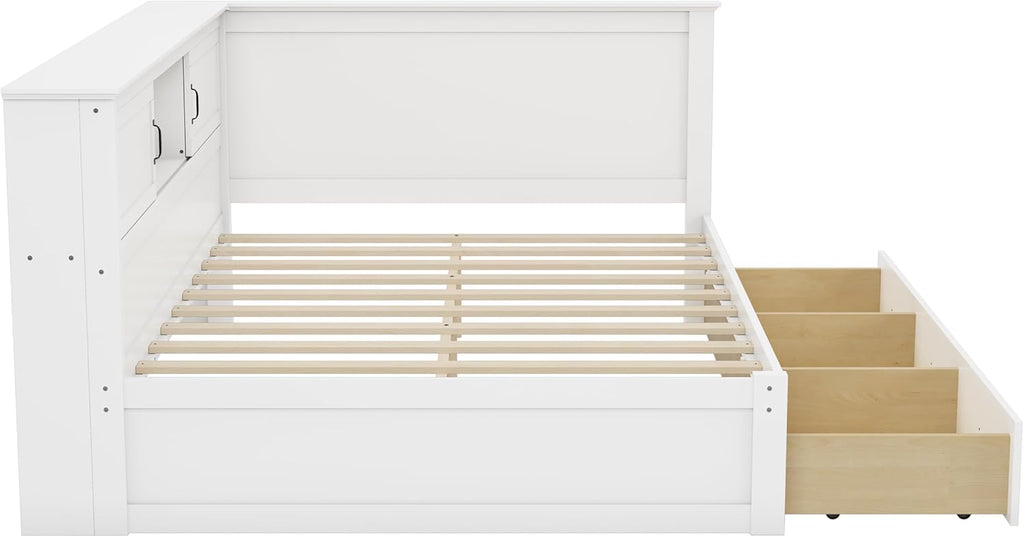Full Size L-Shaped Bed Frame with Drawer and Bookcase, Multifunctional Corner Bed, Wooden Captain Bed with Led Downlight and USB Port for Small Room,Bedroom, Guest Room
