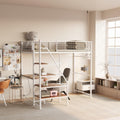Twin Sized loft Metal Bed with Black for Bedroom and Dormitory, with Built-in Charging Station and LED Lighting (White + Metal & Wood + Bedroom)