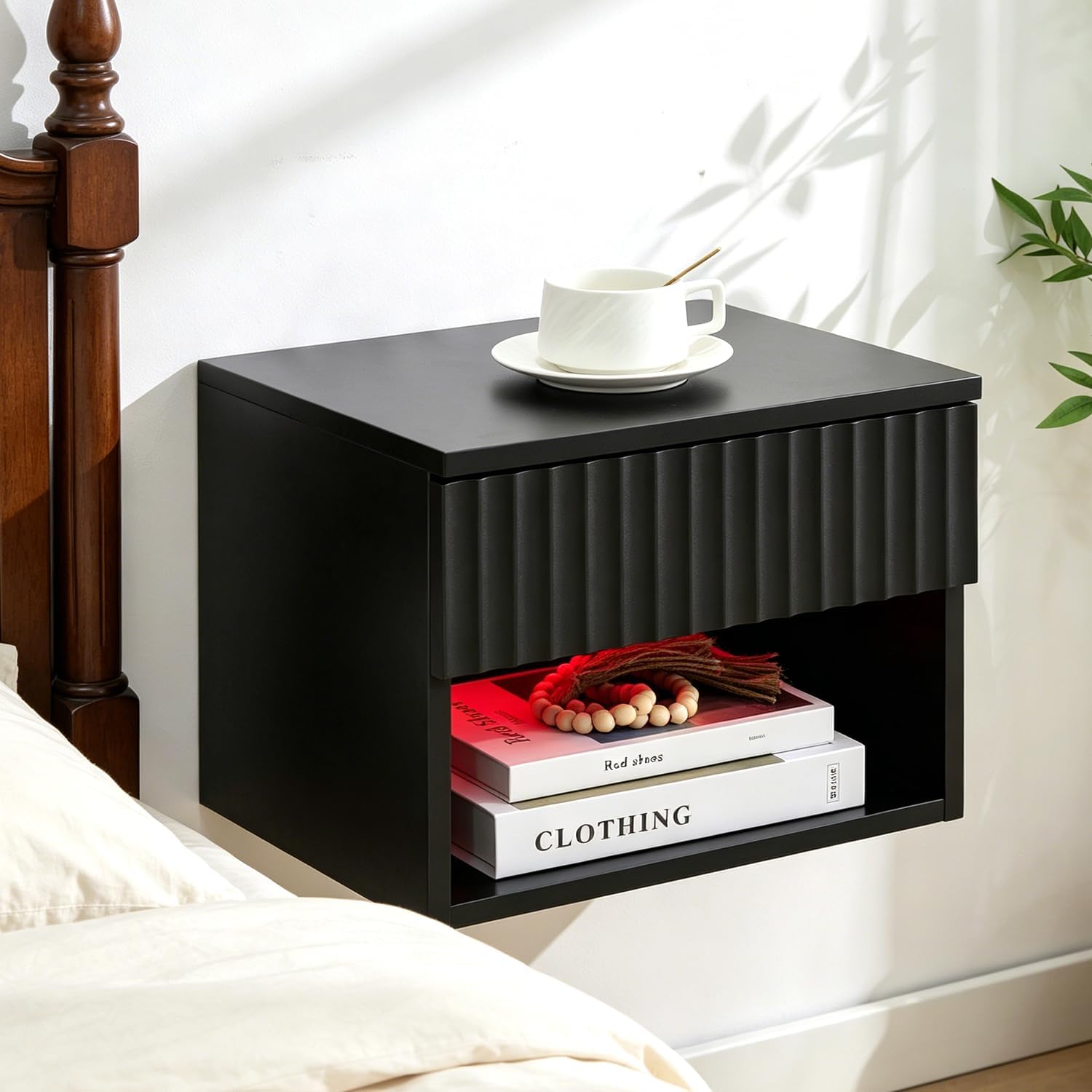 Floating Nightstand Set of 2, Wall Mounted Cabinet with Storage Drawer, Bedroom Bedside Table with LED Light, Modern Night Stand for Dorm Hallway Entryway, Black
