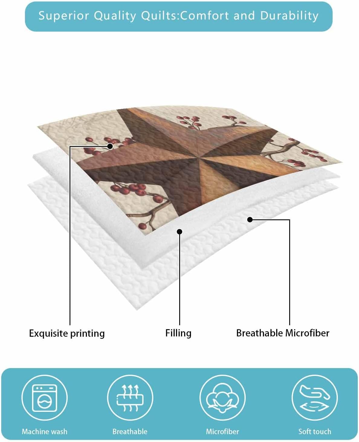 Quilt King Size Bedding Set, Farmhouse Texas Star Brown Lightweight Summer Quilt 3 Pieces Bedding Sets, Berry Vintage Wooden Reversible Soft Bedspreads Coverlets with 2 Pillow Shams for All Season