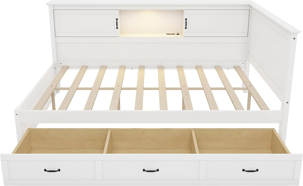 Full Size L-Shaped Bed Frame with Drawer and Bookcase, Multifunctional Corner Bed, Wooden Captain Bed with Led Downlight and USB Port for Small Room,Bedroom, Guest Room