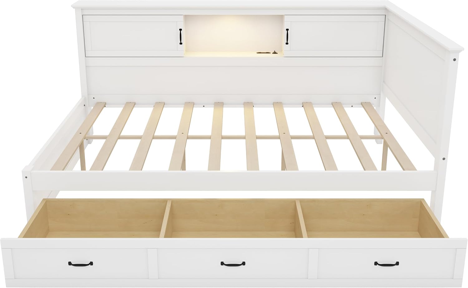 Full Size L-Shaped Bed Frame with Drawer and Bookcase, Multifunctional Corner Bed, Wooden Captain Bed with Led Downlight and USB Port for Small Room,Bedroom, Guest Room