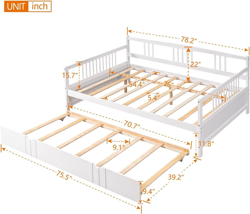 Full Size Trundle Bed, Full Size Bed Frame White Solid Wood Bohemian Sofa Bed with Metal Slats Daybed for Teen Adult Bedroom Living Room