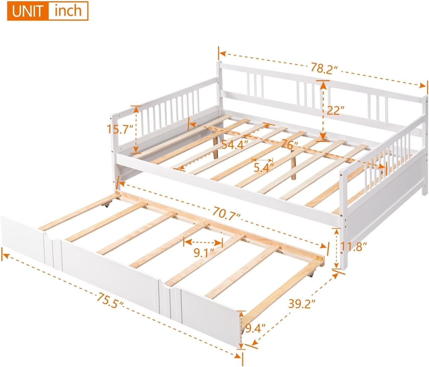 Full Size Trundle Bed, Full Size Bed Frame White Solid Wood Bohemian Sofa Bed with Metal Slats Daybed for Teen Adult Bedroom Living Room