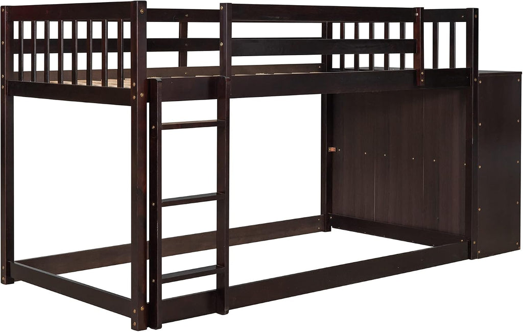 Twin-Over-Twin Size Bunk Bed, Bedroom Furniture Pine Wood Bed Frame with Storage Drawers and Open Shelves, Drawers and Shelves Set Can Be Moved, for Kids & Teens (Espresso)