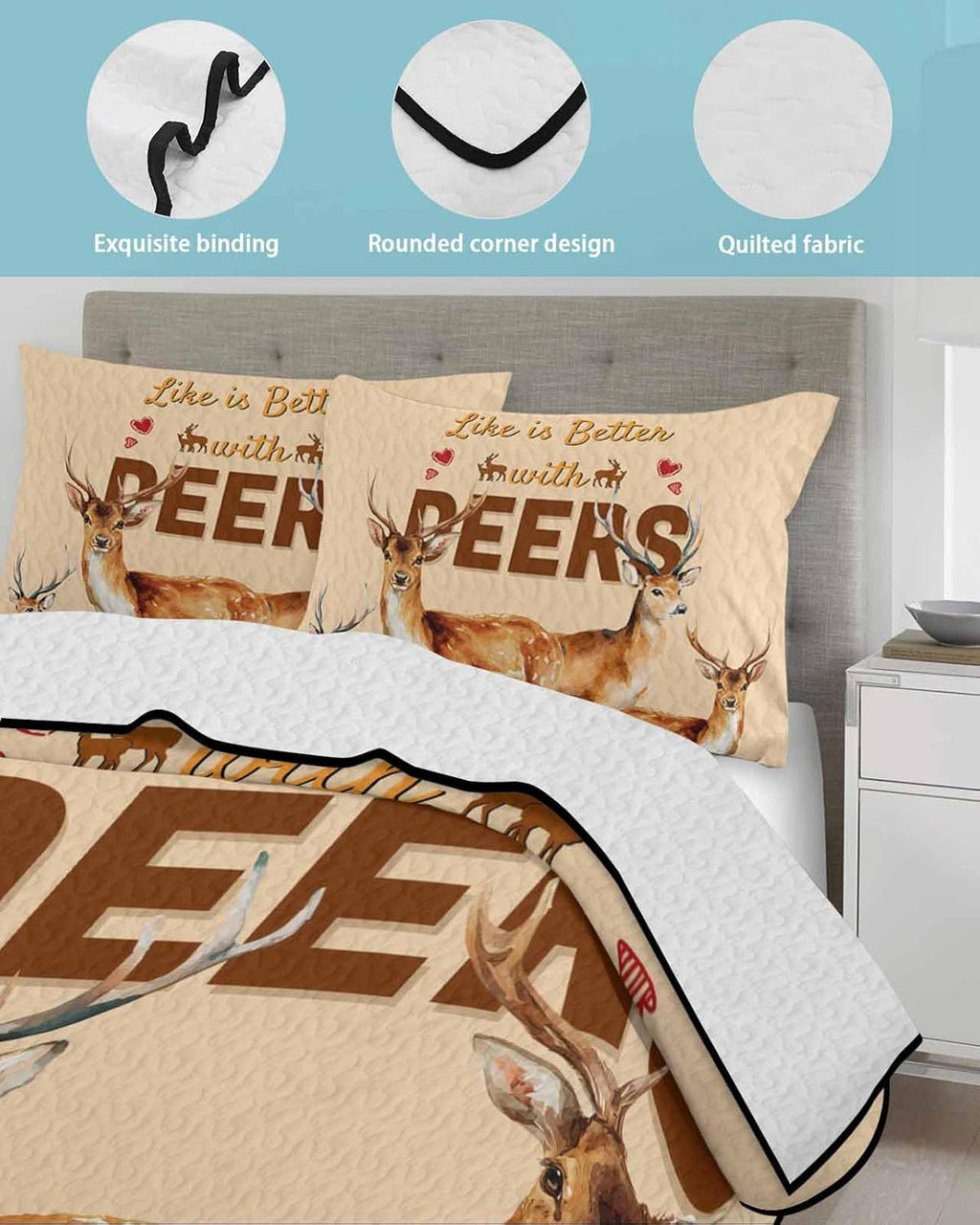 Quilt King Size Bedding Set, Farmhouse Deer Lightweight Summer Quilt 3 Pieces Bedding Sets, Wildlife Elk Animals Rustic Orange Reversible Soft Bedspreads Coverlets with 2 Pillow Shams for All Season