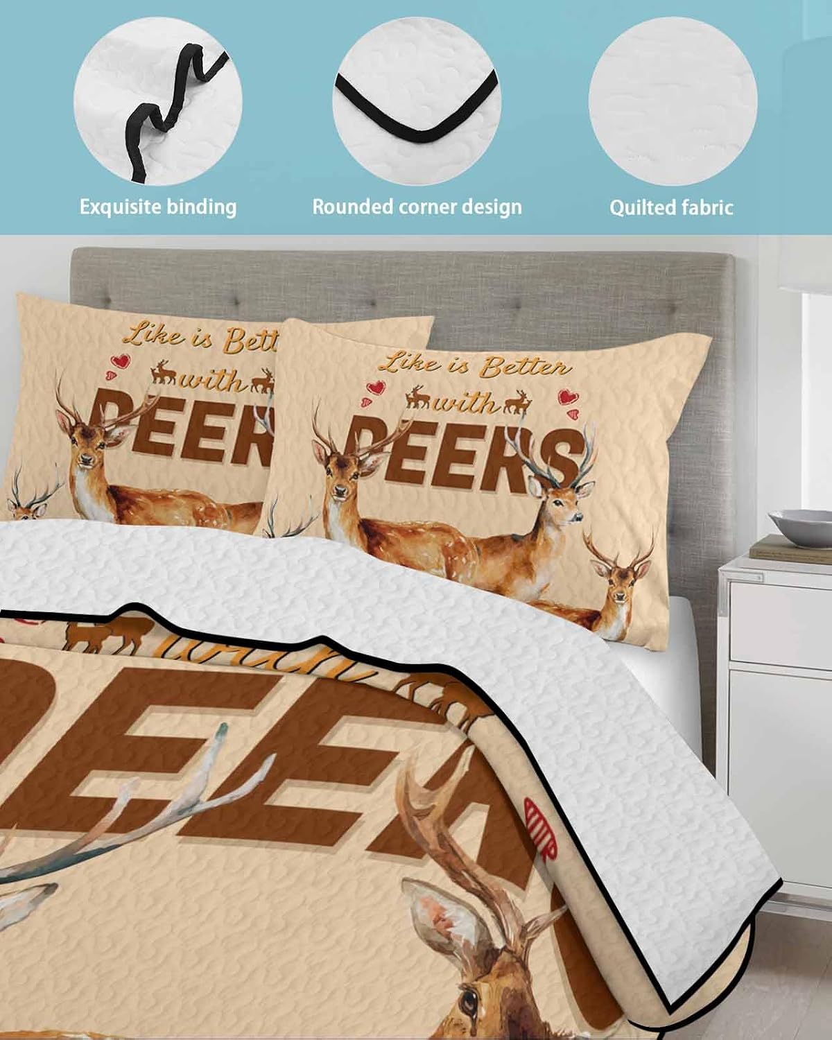 Quilt King Size Bedding Set, Farmhouse Deer Lightweight Summer Quilt 3 Pieces Bedding Sets, Wildlife Elk Animals Rustic Orange Reversible Soft Bedspreads Coverlets with 2 Pillow Shams for All Season