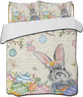 Quilt King Size Bedding Set, Easter Lightweight Summer Quilt 3 Pieces Bedding Sets, Spring Grey Bunny Colorful Eggs Tree Butterfly Reversible Soft Bedspreads Coverlets with 2 Pillow Shams