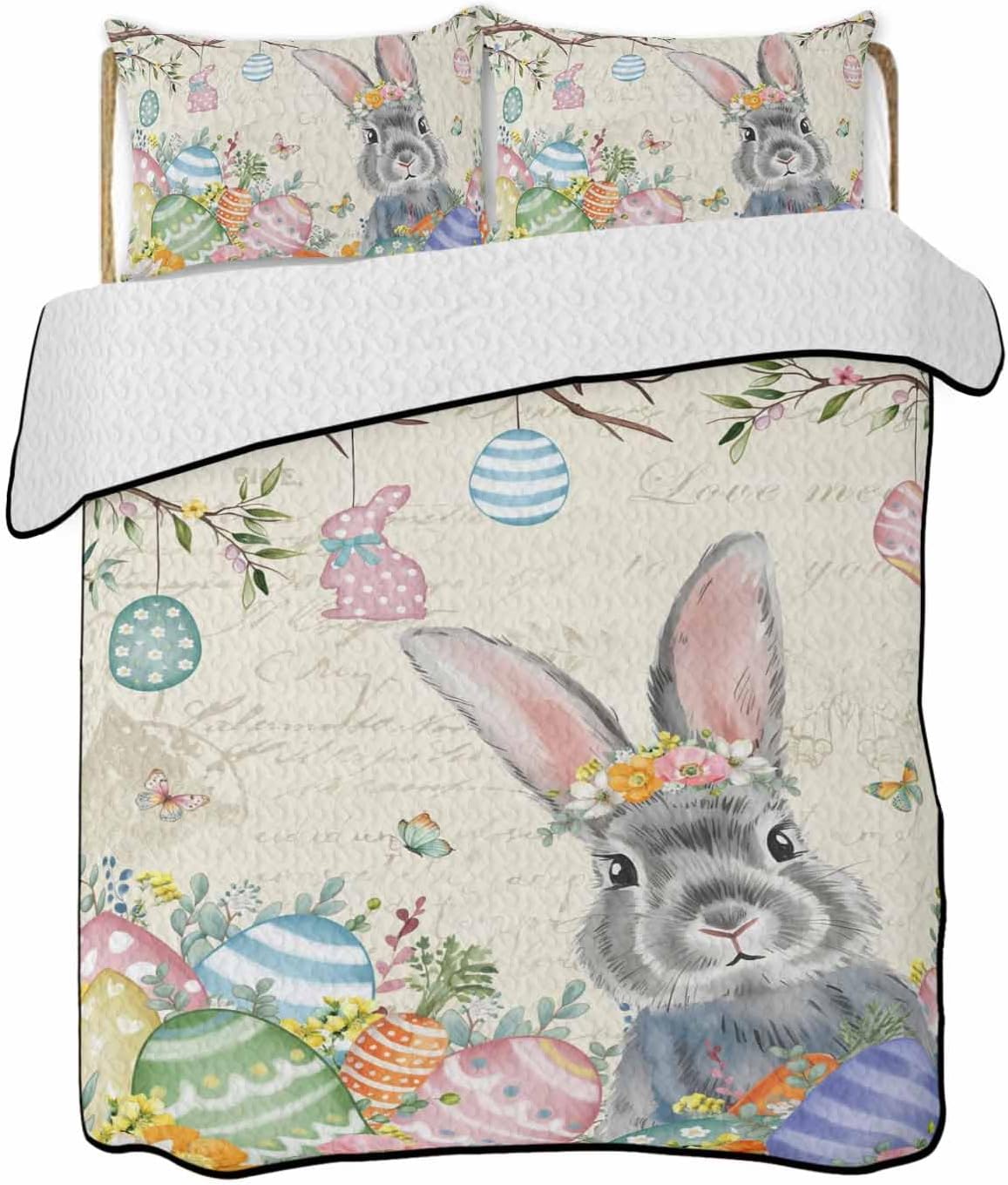 Quilt King Size Bedding Set, Easter Lightweight Summer Quilt 3 Pieces Bedding Sets, Spring Grey Bunny Colorful Eggs Tree Butterfly Reversible Soft Bedspreads Coverlets with 2 Pillow Shams