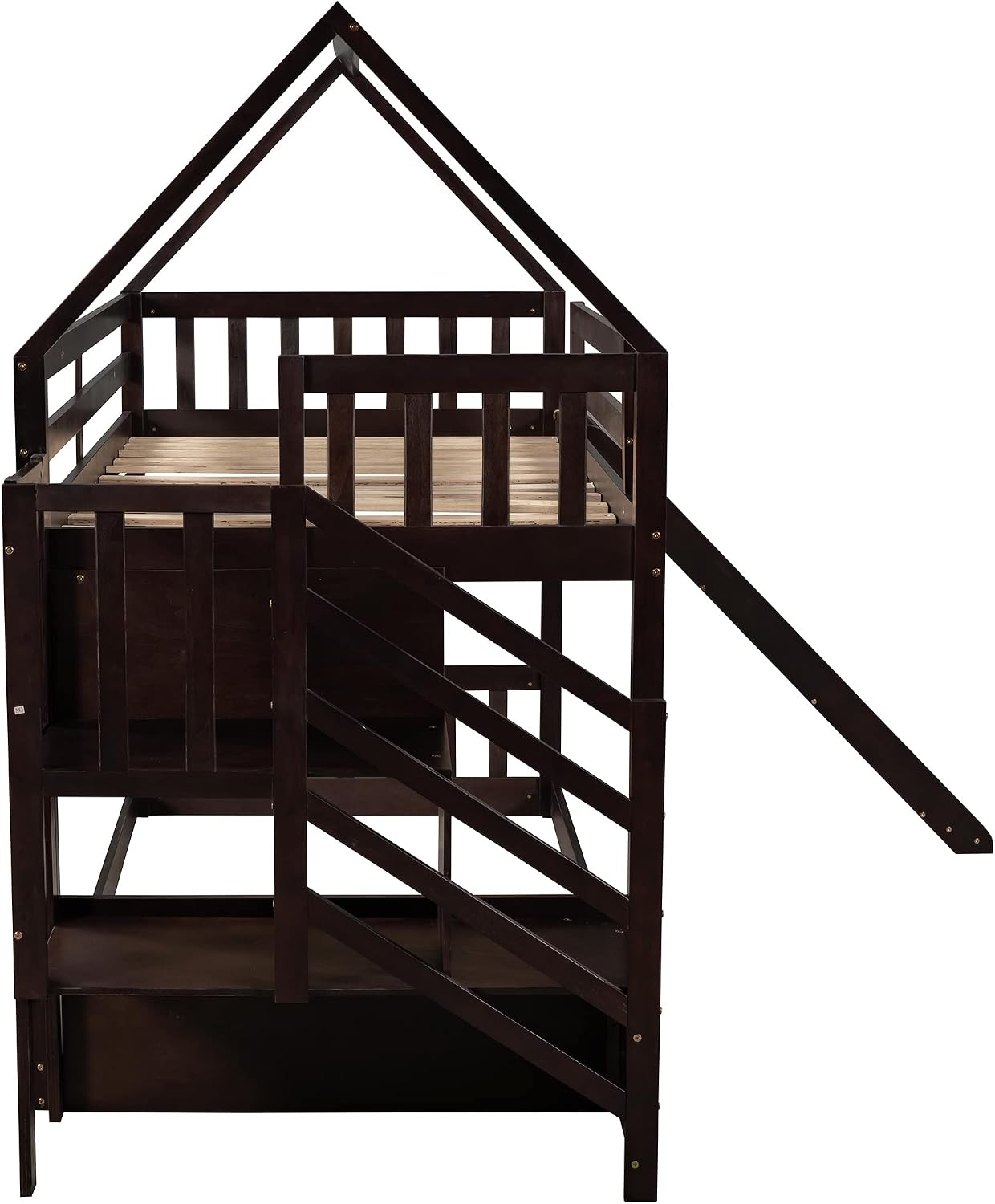 Twin Over Twin Bunk Bed with Slide for Kids Toddlers, House Bunk Bed Farm with Storage Steps and Roof Guardrail for Girls/Boys, No Spring Box Required (Espresso-Storage Steps#2)