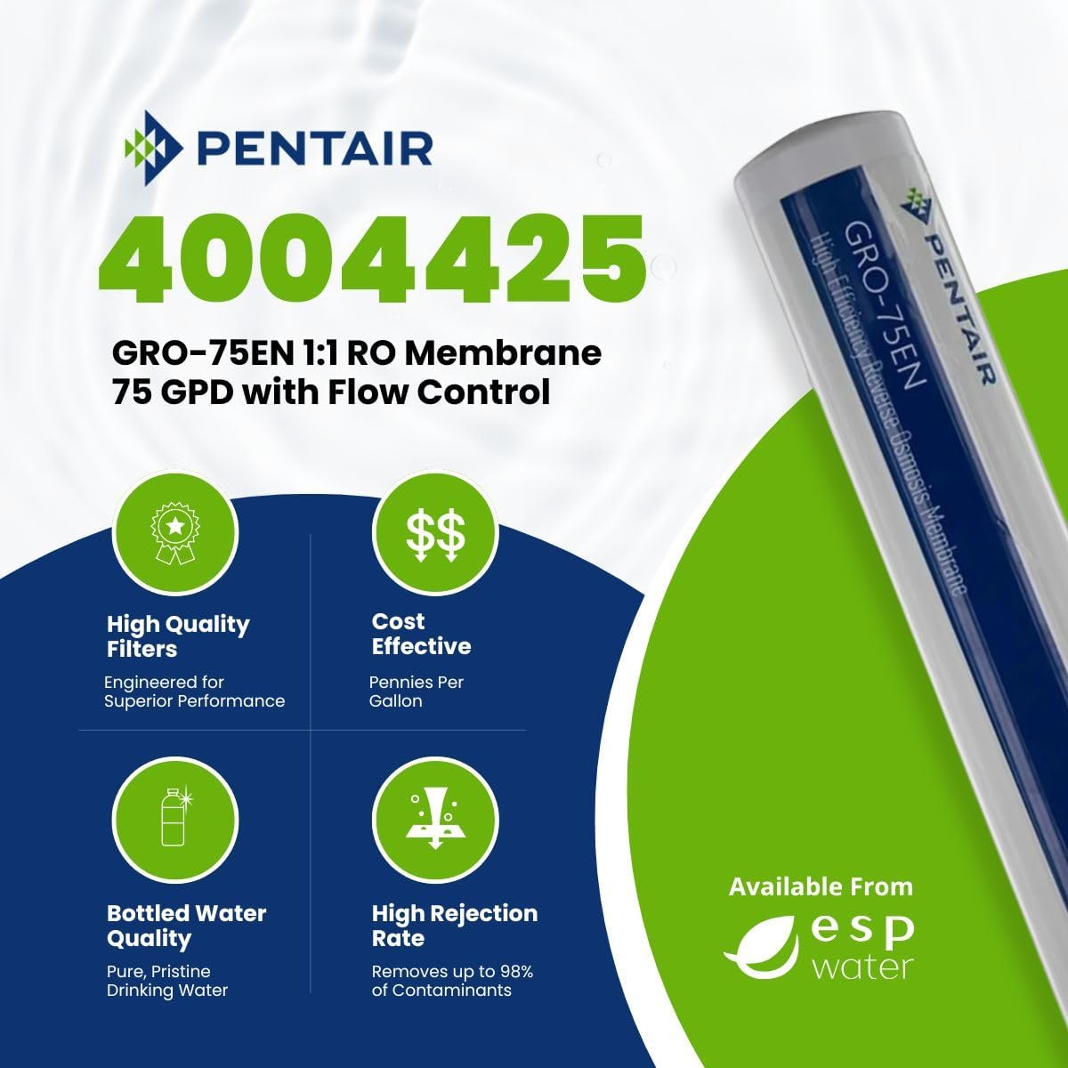 Pentair GRO-75EN 1:1 Reverse Osmosis Membrane Replacement Filter – 75 GPD High-Efficiency RO Cartridge with Flow Control, Check Valve and Quick Connect Fittings for Under-Sink Water Filtration 4004425