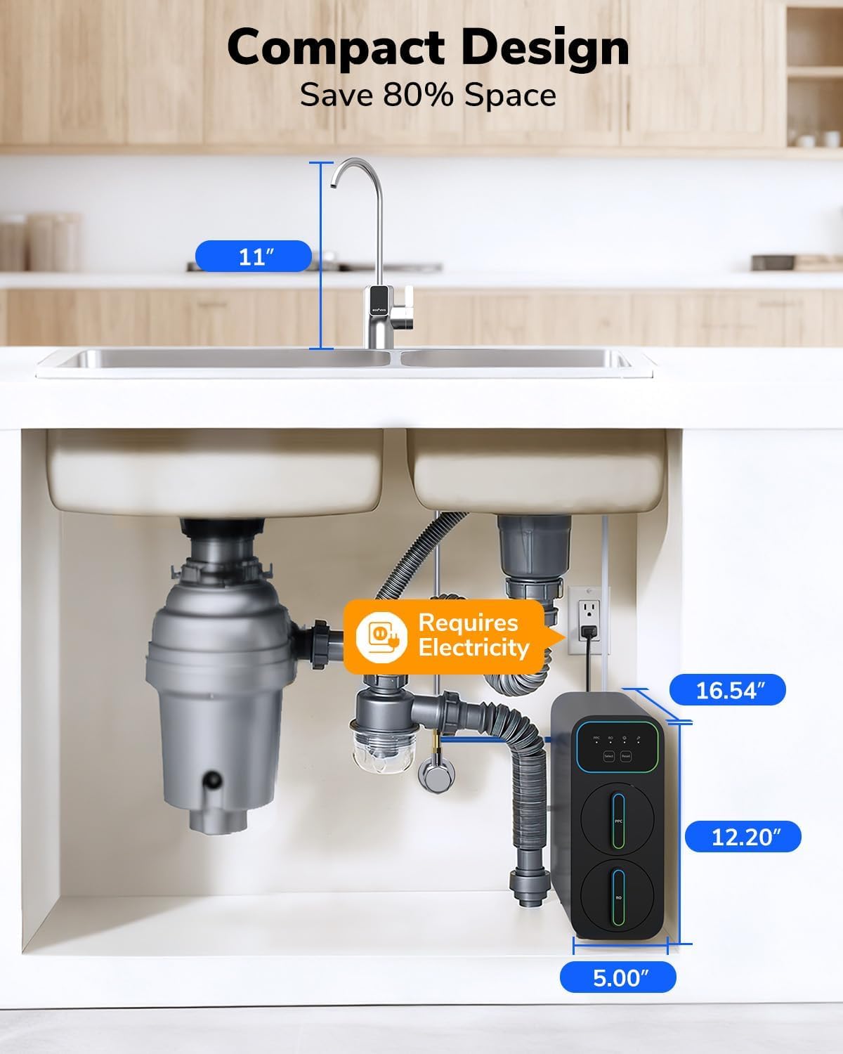 Ecoviva E8 800 GPD Reverse Osmosis Water Filter, 9-Stage Filtration RO System, Undersink Water Purifier, Reduces TDS, 2.5:1 Pure to Drain, Tankless, LED Smart Faucet