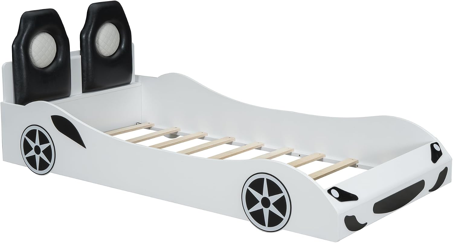 Race Car-Shaped Platform Bed with LED and Upholstered Backrest,Wood Bed Frame with Slat for Bedroom,No Box Spring Needed (White, Twin)