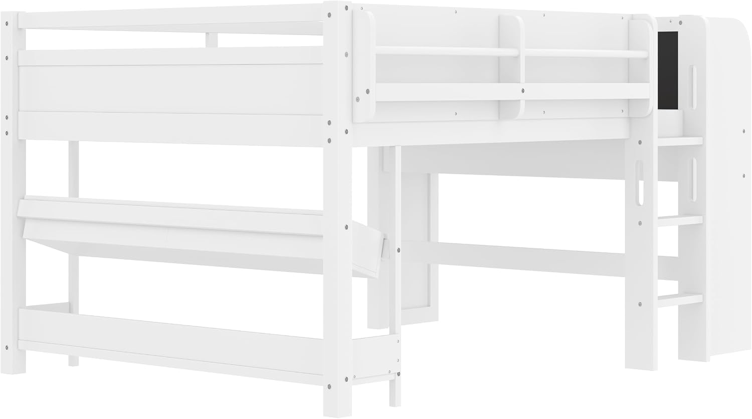 MERITLINE Full Loft Bed with Desk & Blackboard, Twin Multi-Functional Bed with Storage, All-in-One Study & Play Design, White