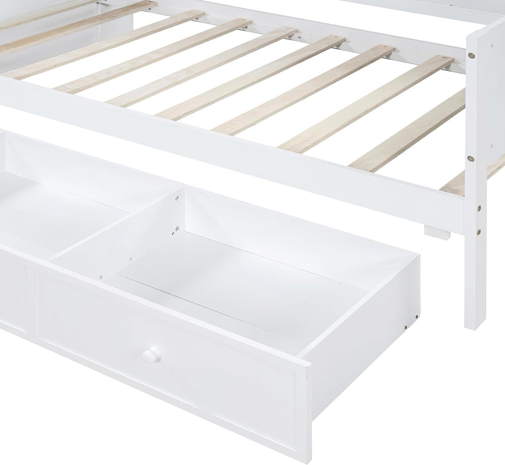 Twin Size Daybed with Storage Shelves and Study Desk, Wooden Daybed Sofa Bed Frame with 3 Drawers and USB Ports for Office Living Room Bedroom, Maximize Space (White-23U)
