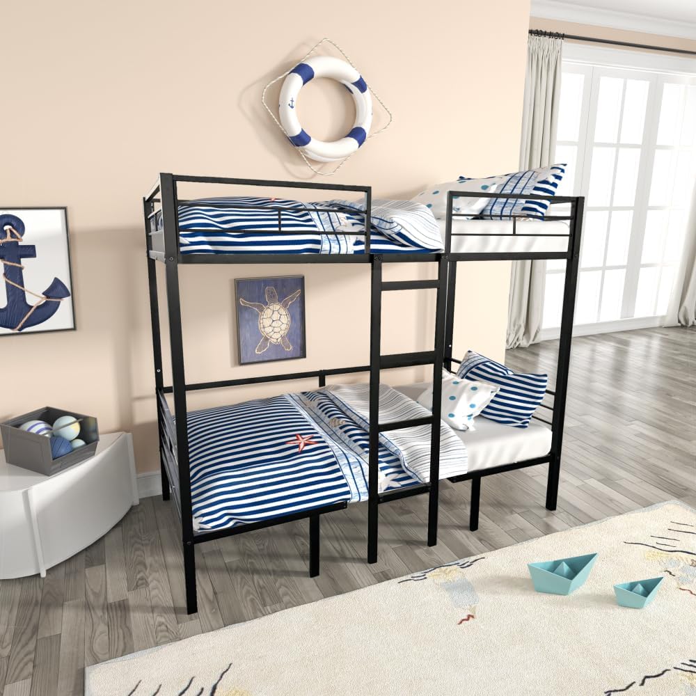 Twin Size Loft Bed with Table Sets Transformable to Twin Over Twin Bunk (Black + Steel + Full)