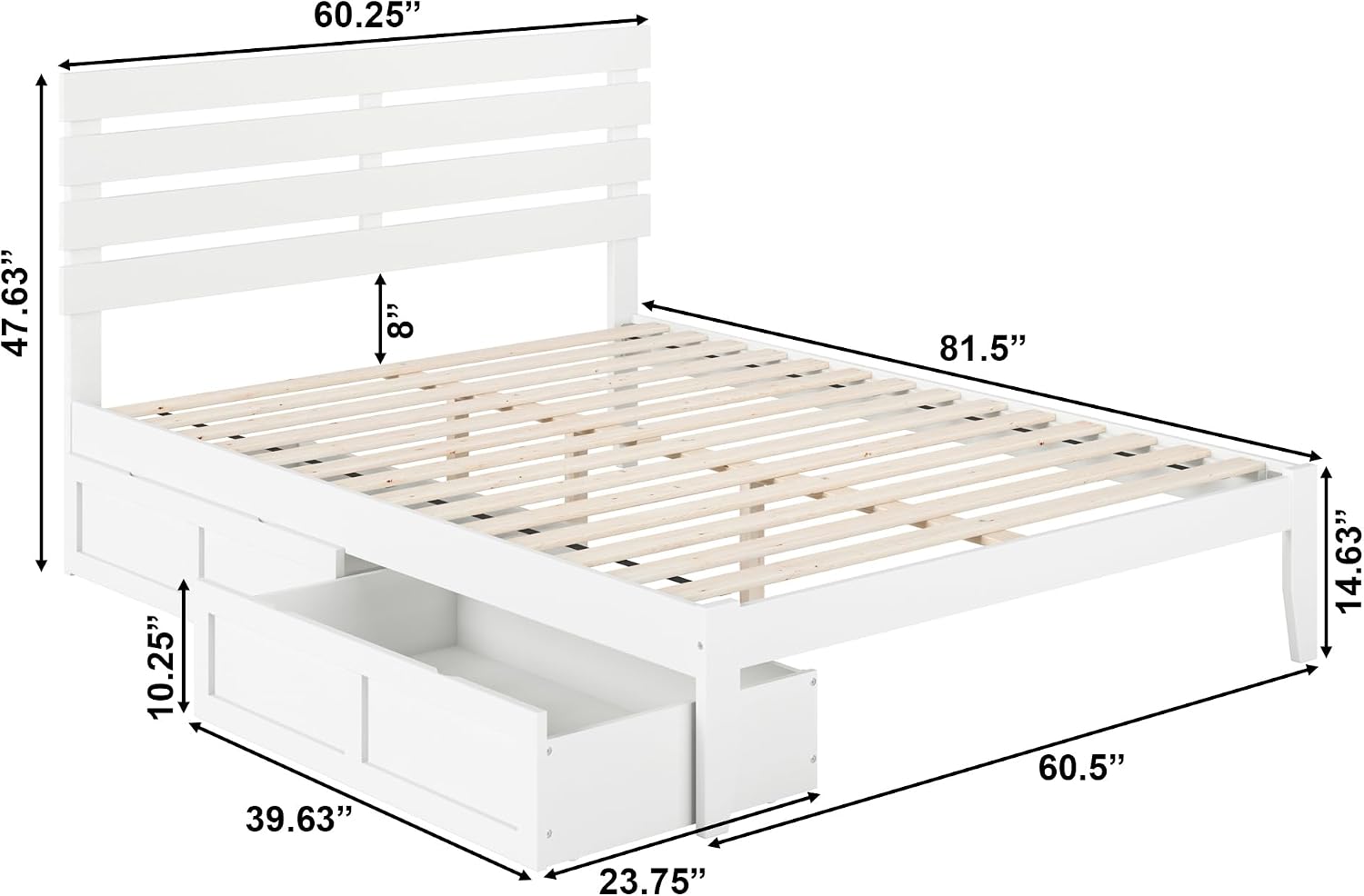 AFI, Oxford Queen Platform Bed with Set of 2 Underbed Storage Drawers, White