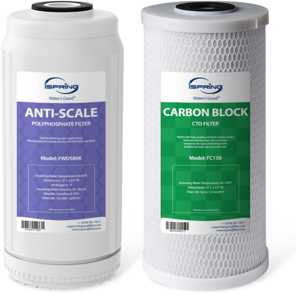 iSpring F2WGB21BDS Whole House 4.5'x10' Water Filtration CTO Carbon Block and Anti-Scale Polyfilter Water Filter Replacement Cartridge Pack Set for WGB21B-DS