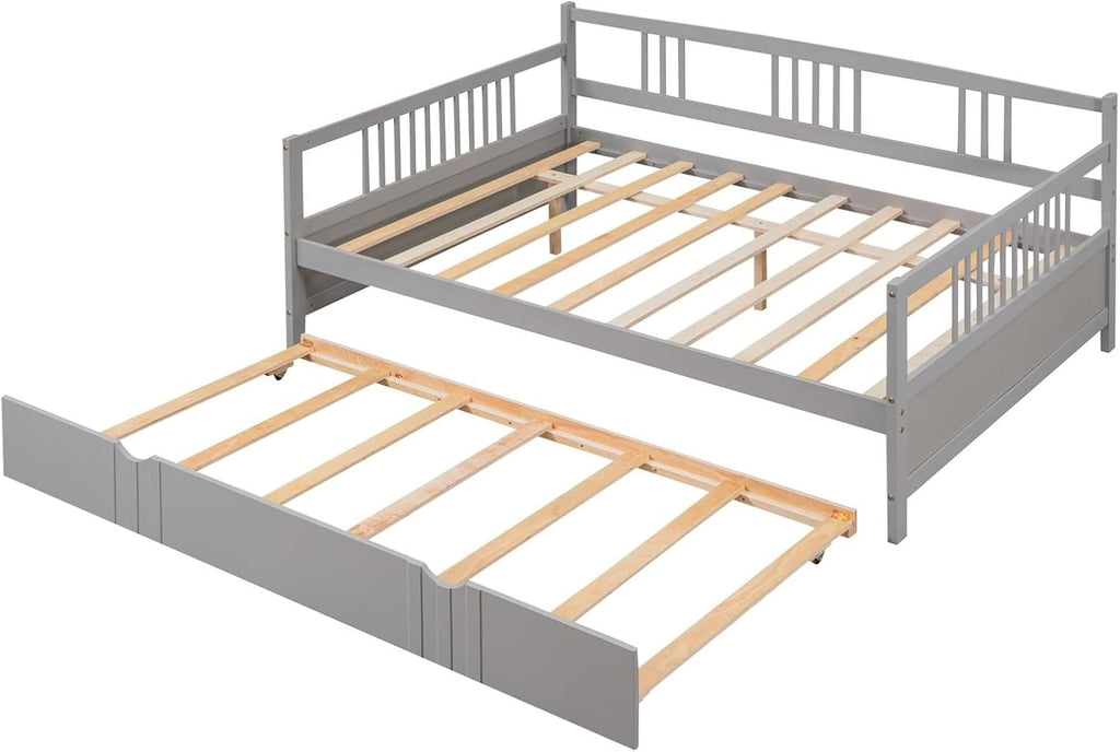 Full Trundle Bed, Bed for Men Grey Solid Wood Bohemian Sofa Bed with Metal Slats Daybed for Teen Adult Bedroom Living Room