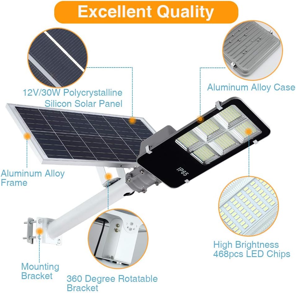 6000W LED Solar Street Lights Outdoor, Dusk to Dawn Security Flood Light with Remote Control & Pole, Wireless, Waterproof, Perfect for Yard, Parking lot, Street, Garden and Garage
