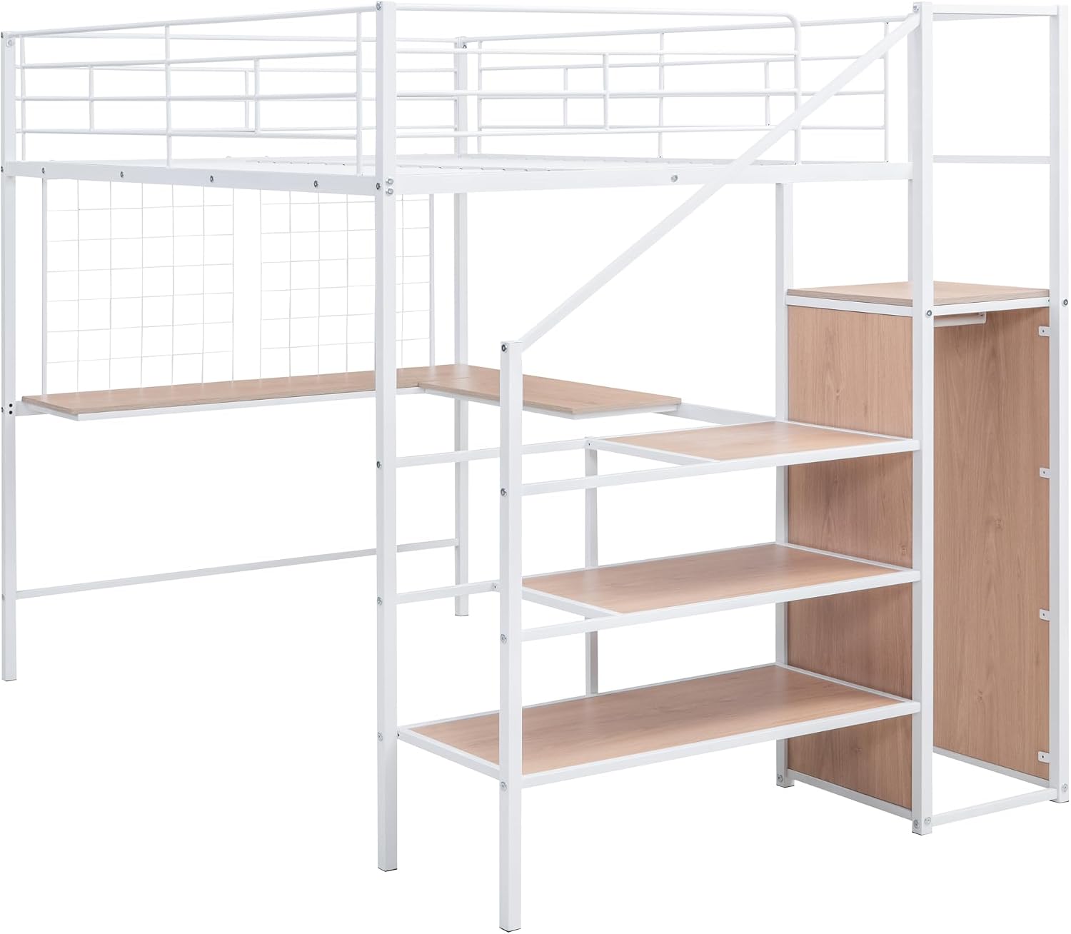 Metal Loft Bed with L-Shape Desk and Metal Grid, Lateral Storage Ladder and Wardrobe, Full Size Metal Frame Bed with Metal Slat Support and Guardrail, No Box Spring Needed (White-Wardrobe,Full)