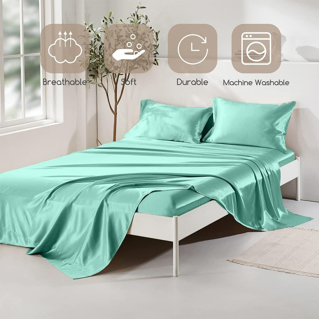 Twin XL Size 4-Piece Sheet Set Premium Mulberry Silk Bed Sheets Set Fits 14-16' Deep Pocket - Luxurious Soft Silk (Solid, Aqua)