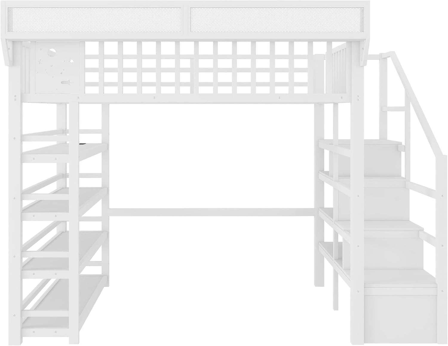 JIVOIT Metal Full Loft Bed with 4 Shelf Storage Rack, Stairs Storage, Open Shelves for Upper, Space-Saving Full Loft Bed with Guardrails and Metal Slats Support for Kids Teens (White/1)