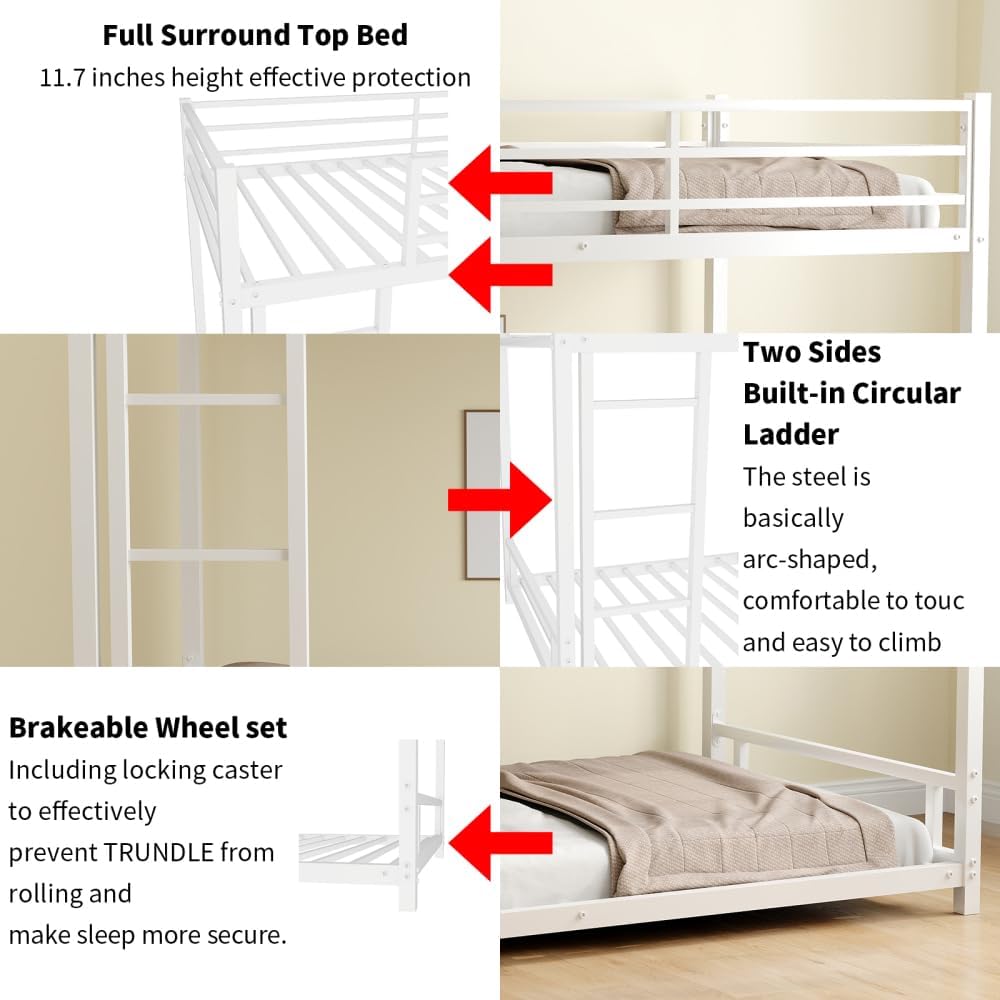 Twin Over Full Metal Bunk Bed, with Ladder & Full-Length Guardrail for Teens Adults, Noise Free (White + Metal + Metal-1)