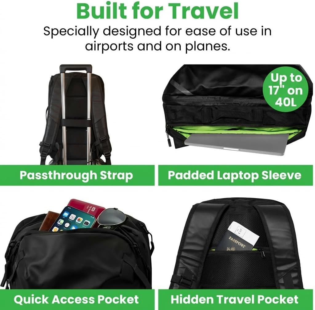 COR Surf Travel Backpack Carry On Backpack for Airplanes - Travel Backpack with Clamshell Design The Island Hopper - 40L Black