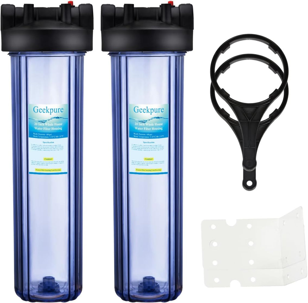 Geekpure 20 Inch Whole House Water Filter Housing 1' NPT Brass Port with Wrench Bracket -4.5 x 20 Inch - Clear (Pack of 2)