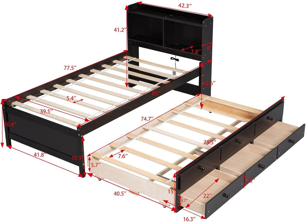 KEVINSPACE LED Bed Frame Twin Captains Bed Storage Daybed with Trundle Set, USB,Type-C Ports,LED Light Bed, Twin Size Beds Wooden Platform Bed with 3 Drawers and Bookcase Headboard Bedroom Espresso