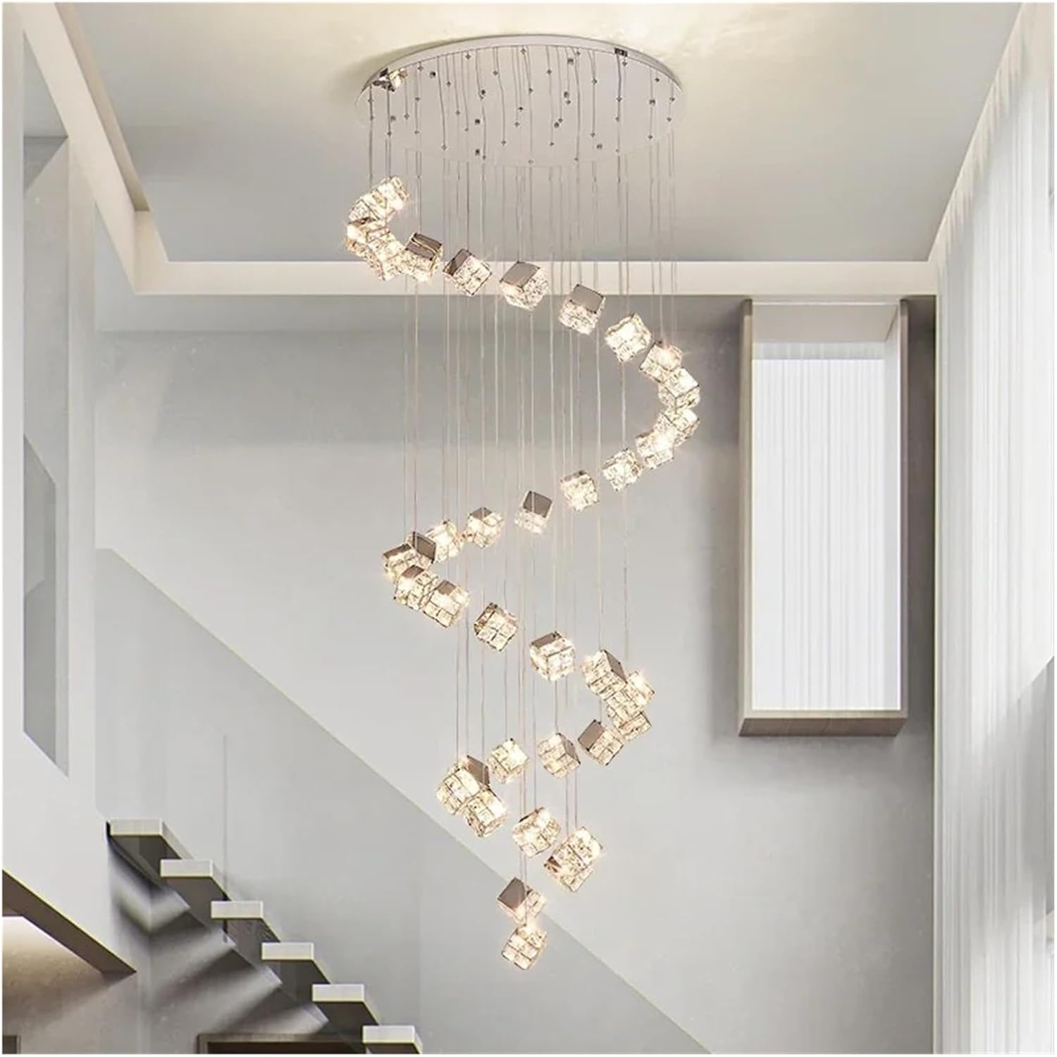 Modern K9 Crystal Led Chandelier Stair Luxury Cube Steel Pendant Lights Indoor Decor Lighting Lamparas Luminarias Lighting Versatile Use(16heads)
