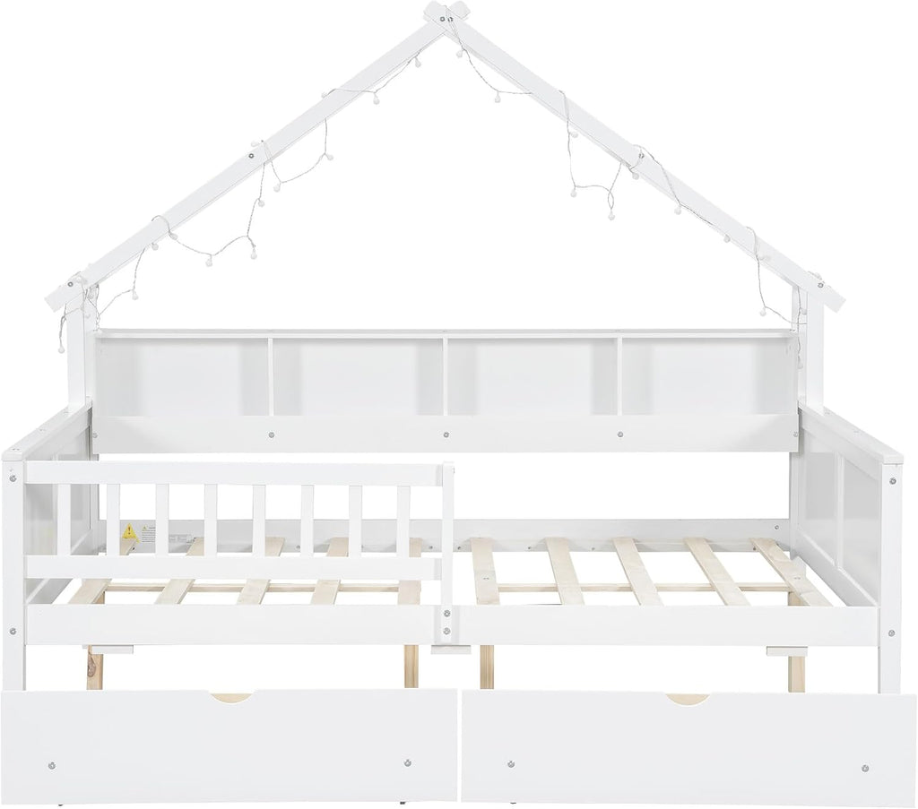 SOFTSEA Full Size House Bed with Storage Drawers, Wood Daybed with LED Lights, Storage Bookshelves, House Platform Bed Frame with Rails and Roof for Kids Boys Girls, White