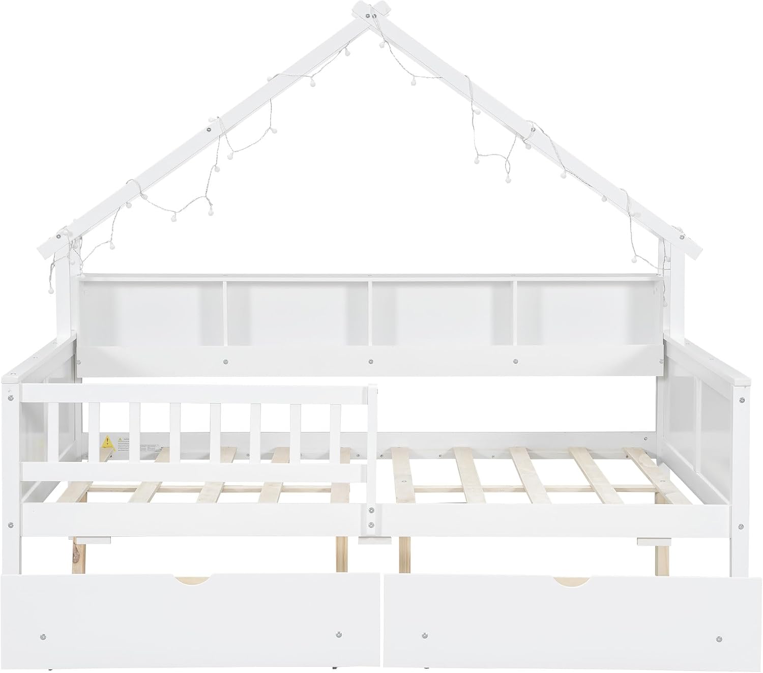SOFTSEA Full Size House Bed with Storage Drawers, Wood Daybed with LED Lights, Storage Bookshelves, House Platform Bed Frame with Rails and Roof for Kids Boys Girls, White