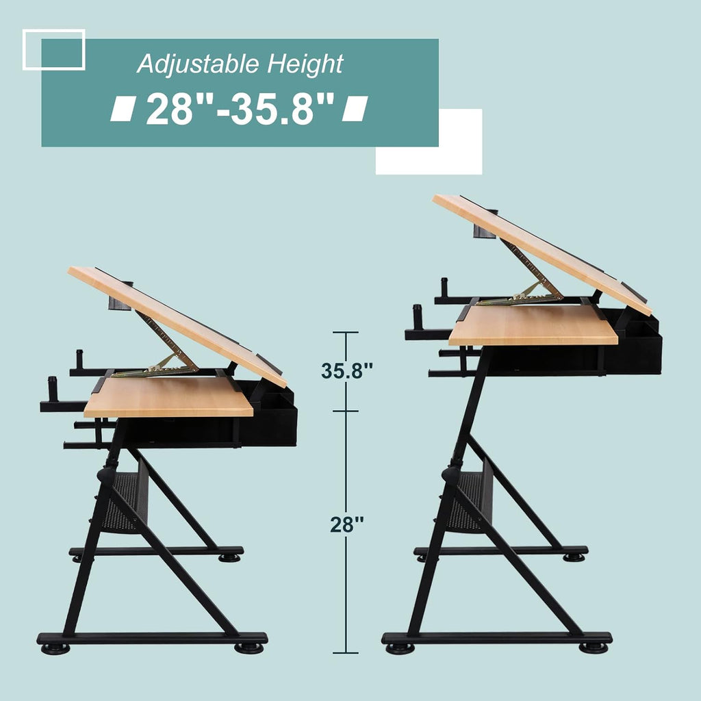 ZENY Drafting Table Art Desk Drawing Table Height Adjustable Artist Table with Tilted Tabletop, Drafting Stool and Storage Drawer for Reading, Writing, Crafting, Painting Art
