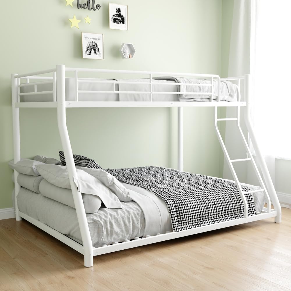 Twin Over Full Metal Bunk Bed, with Ladder & Full-Length Guardrail for Teens Adults, Noise Free (White + Metal + Metal)