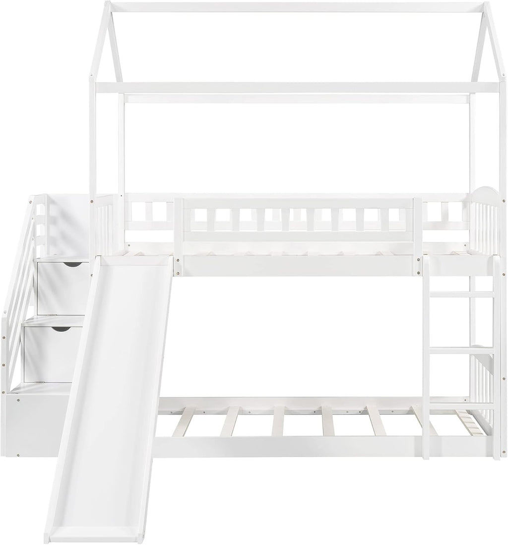 KLMM Twin Over Twin Bunk Bed for Kids Toddlers, House Bunk Bed Farm with Storage Steps and Slide Ladder Roof Guardrail for Girls/Boys, No Spring Box Required (White-Wood)