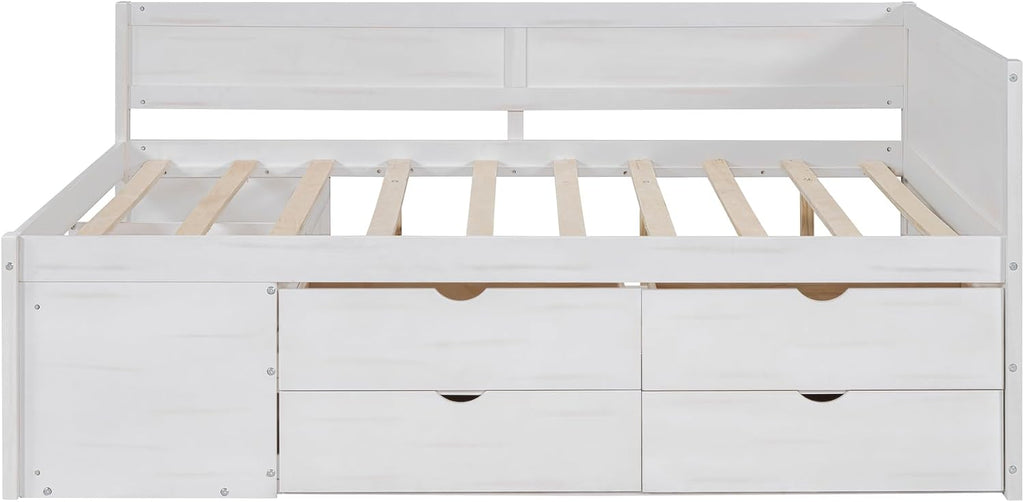 Full Size Daybed with 4 Pull-Out Drawers and 3 Functioning Shelves,Solid Wood Day Bed Frame with Wooden Slats Support for Bedroom,No Box Spring Required (White-AB41)