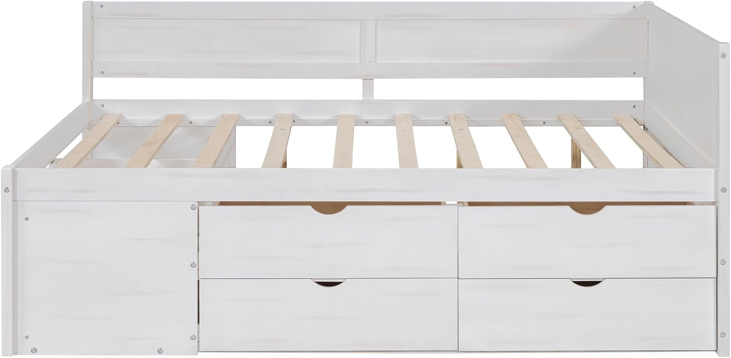 Full Size Daybed with 4 Pull-Out Drawers and 3 Functioning Shelves,Solid Wood Day Bed Frame with Wooden Slats Support for Bedroom,No Box Spring Required (White-AB41)