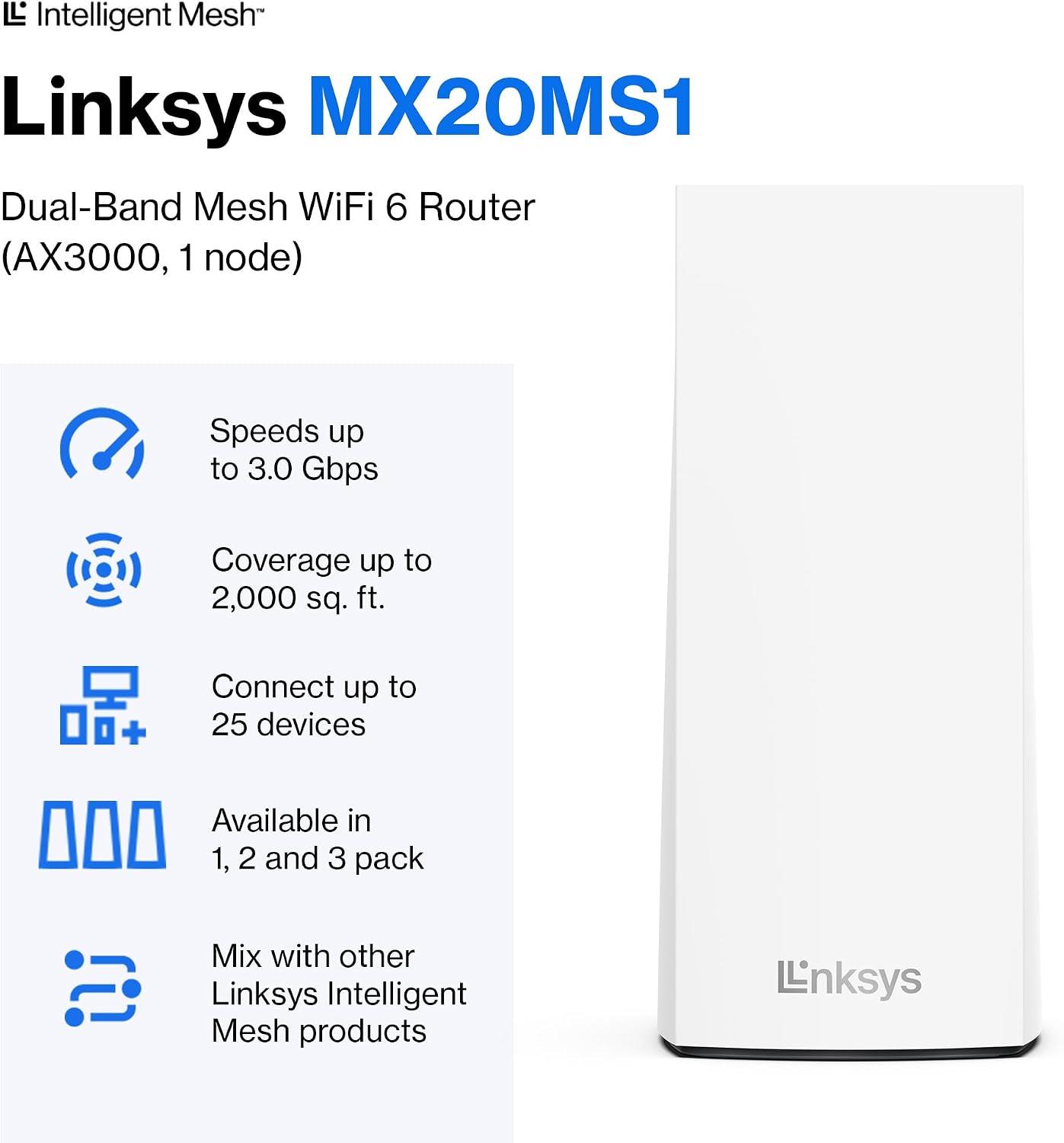 Linksys Atlas WiFi 6 Router Home WiFi Mesh System, Dual-Band, 2,000 Sq. ft Coverage, 25+ Devices, Speeds up to (AX3000) 3.0Gbps - MX2000 1-Pack,White
