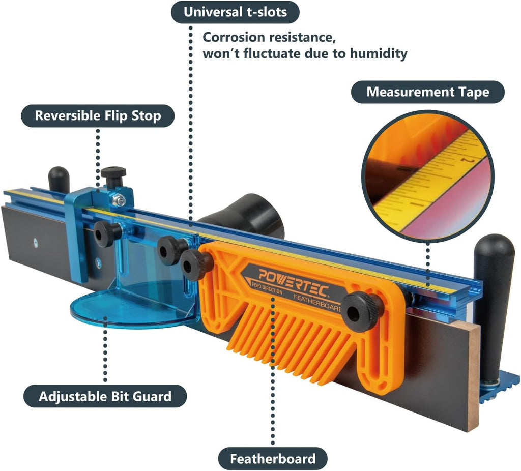 POWERTEC Router Table Fence System 3-3/8' Tall 24' Long w/Rail Coping Sled, Cutting Rail for End Grain Cutting Profiles. Ideal for Cabinet Door, Drawer Fronts for Woodworking Tools Jigs (71975)