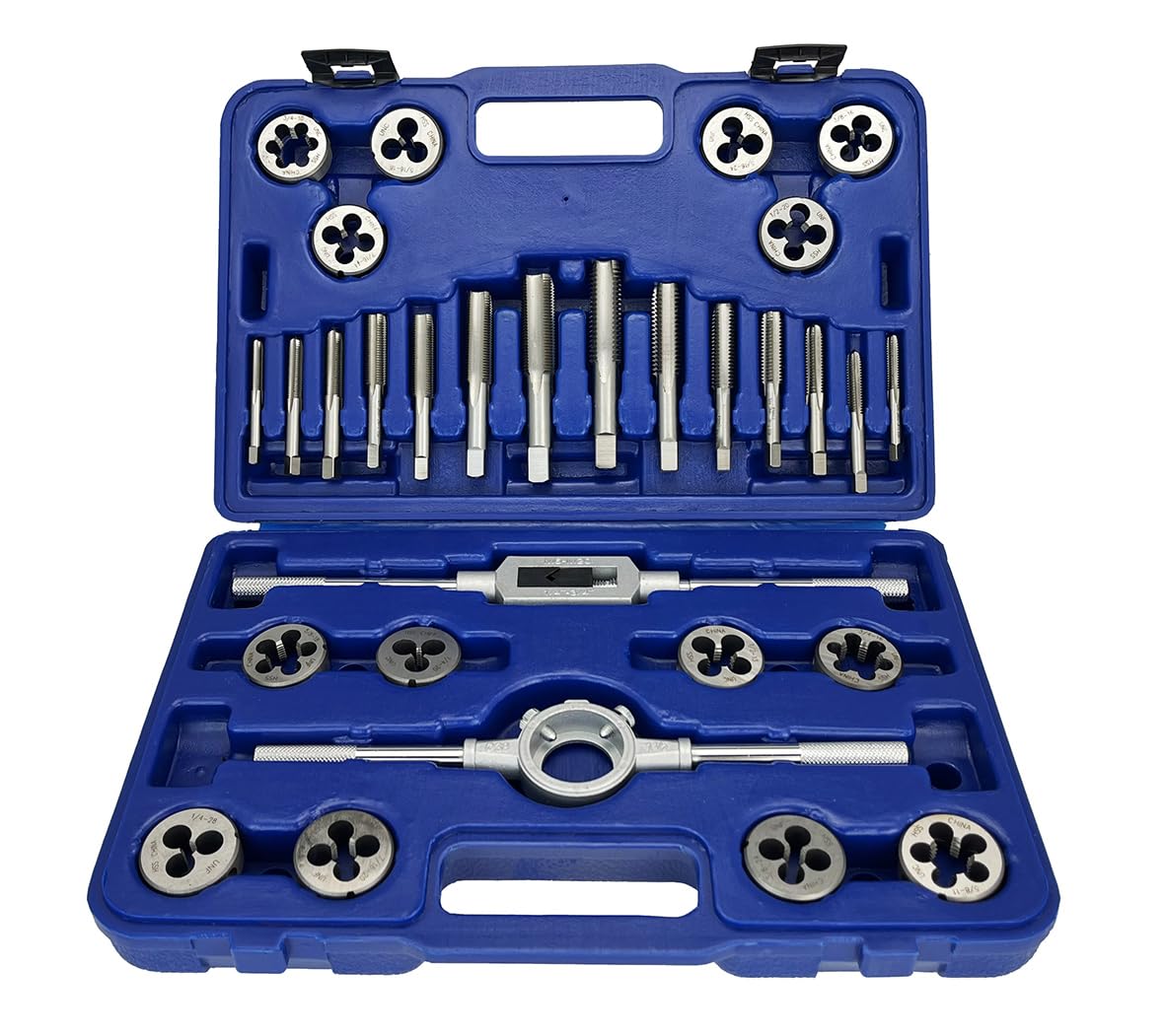 Drill America 30 Piece NC NF HSS Round Tap and Die Set (1/4-3/4) with 1-1/2 OD Round Dies and Handles