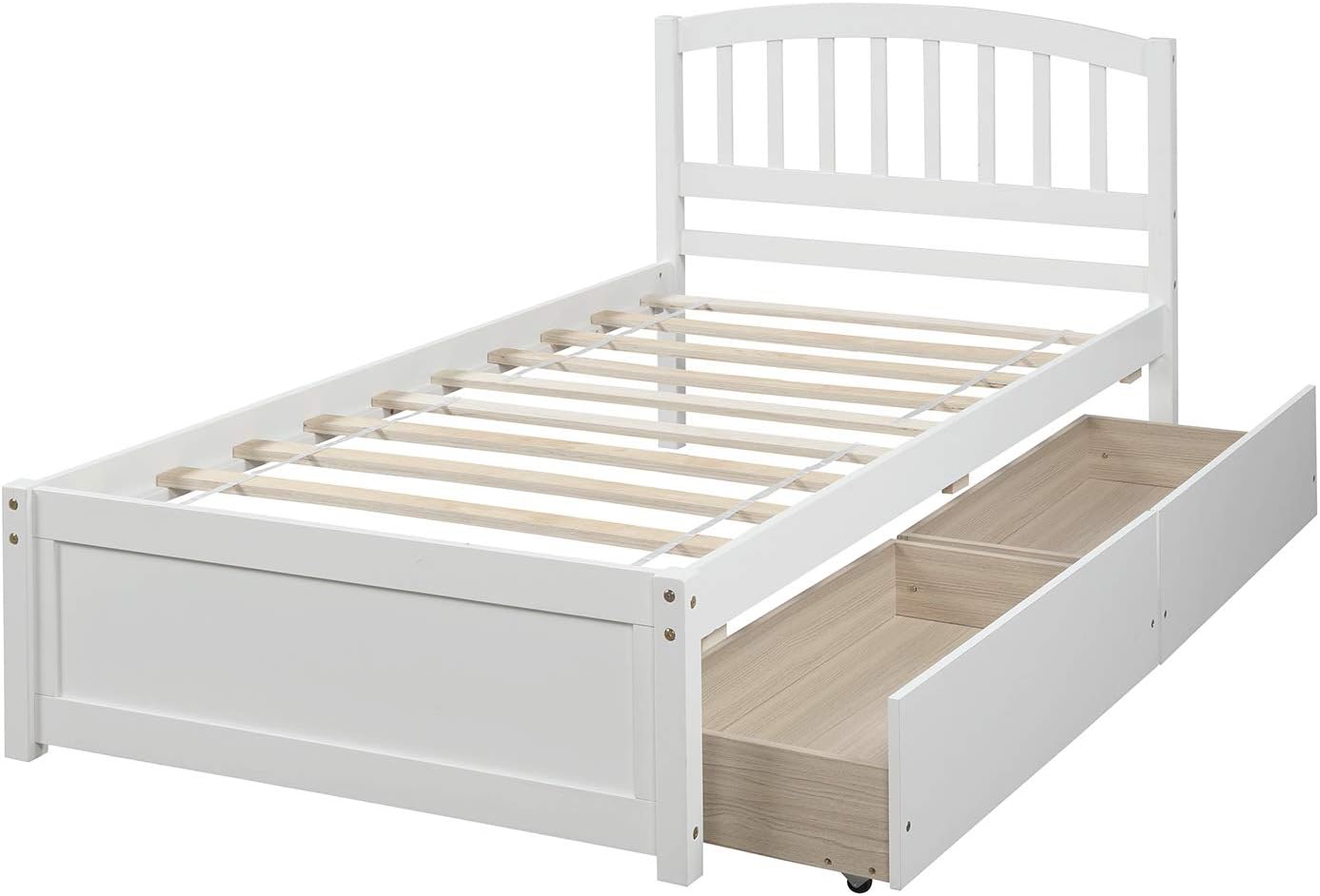 Twin Size Bed with Storage Drawers, Wooden Twin Platform Bed with Slat Support, Solid Wood Bed Frame for Kids Teens Adults (White)