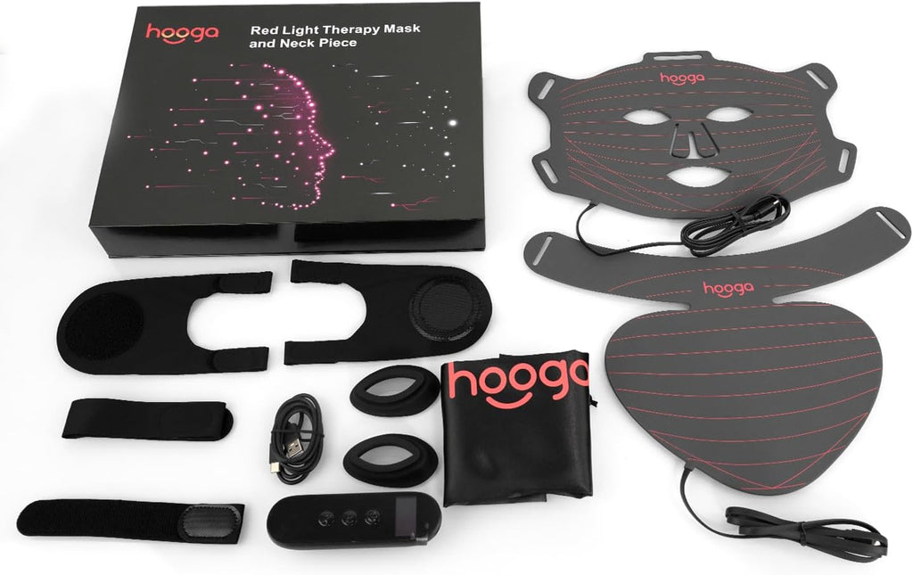 Hooga Red Light Therapy Mask – LED Face & Neck Light Therapy Mask Set, 630nm 660nm Red & 850nm Near Infrared, Tri Chip LEDs, Rechargeable, Adjustable Comfortable Fit