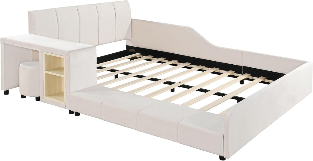 Upholstered Grounded Bed, Full Size Mother & Child Bed with Bedside Desk and Little Round Stool, Velvet Fabric, No Box Spring Needed (Beige, Full)