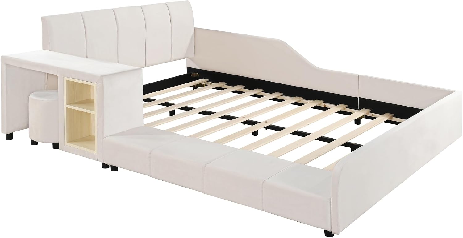 Upholstered Grounded Bed, Full Size Mother & Child Bed with Bedside Desk and Little Round Stool, Velvet Fabric, No Box Spring Needed (Beige, Full)