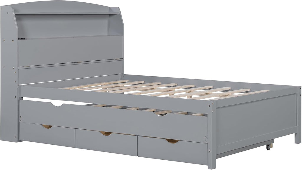 Merax Full Size Bed Frame with Flip-Up Storage Headboard, Gray Full Bed with 3 Drawers and Trundle, Wooden Bed Frame Full a Set of Sockets & USB Ports, No Box Spring Needed
