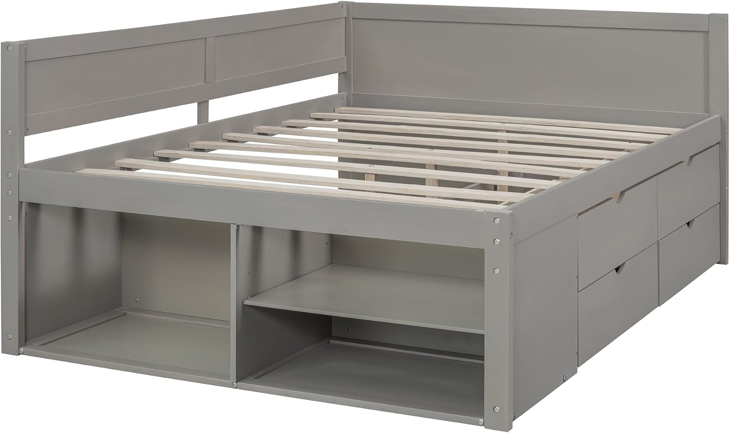 Full Size Daybed with 4 Pull-Out Drawers and 3 Functioning Shelves,Solid Wood Day Bed Frame with Wooden Slats Support for Bedroom,No Box Spring Required (Gray-AB41)