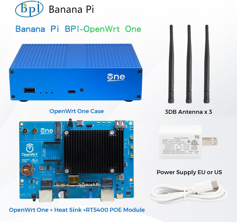 WayPonDEV Banana Pi WiFi 6 OpenWrt One Router Board, Wireless Dual Band Internet Router, MediaTek MT7981B SoC 1GB DDR4 RAM, Integrated 1x 2.5GbE WAN Gigabit LAN RJ45 Port, Support AP, WPA,WPA2,WPA3