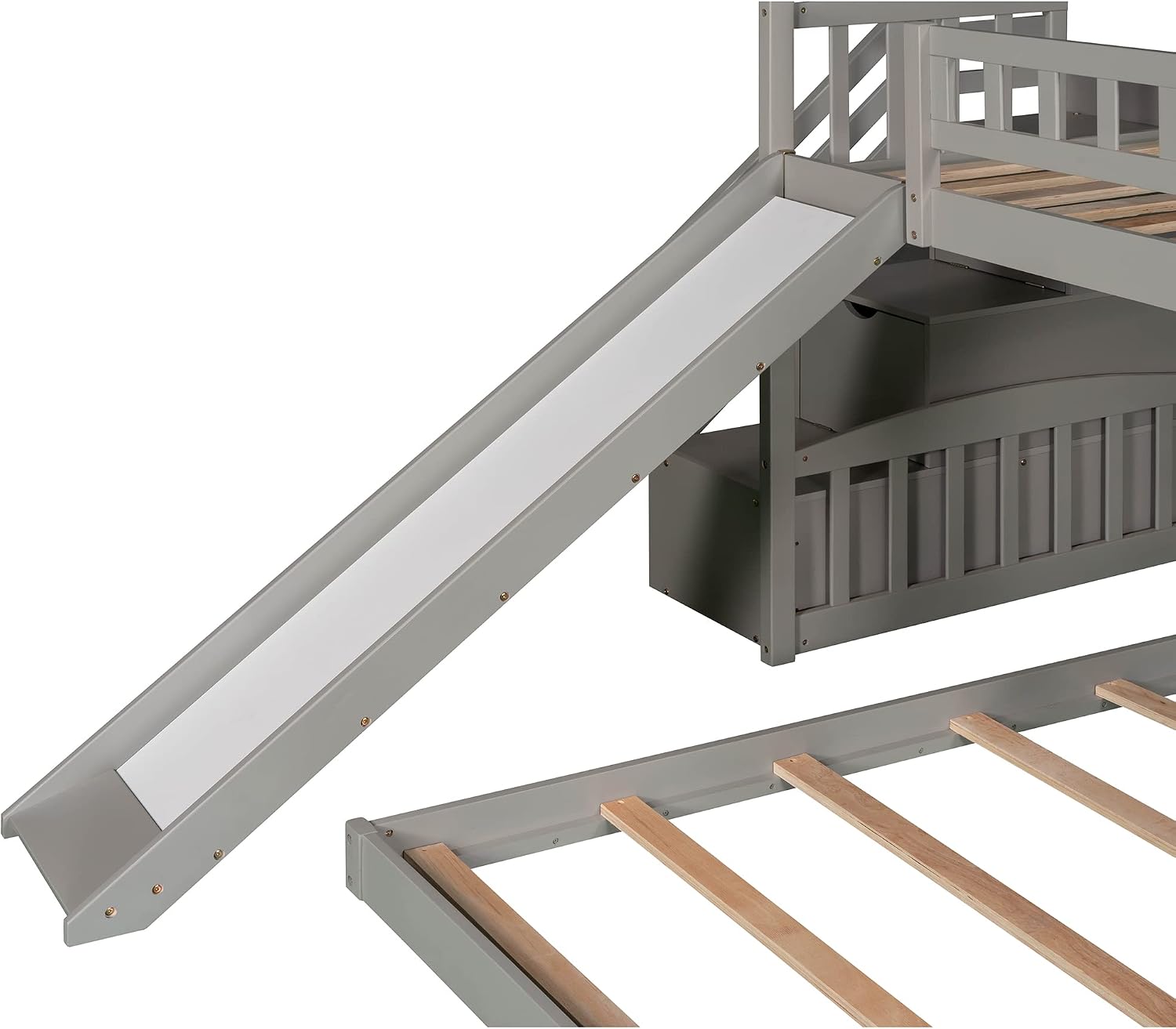 Twin Over Twin Bunk Bed for Kids Toddlers, House Bunk Bed Farm with Storage Steps and Slide Ladder Roof Guardrail for Girls/Boys, No Spring Box Required (Gray-Wood)
